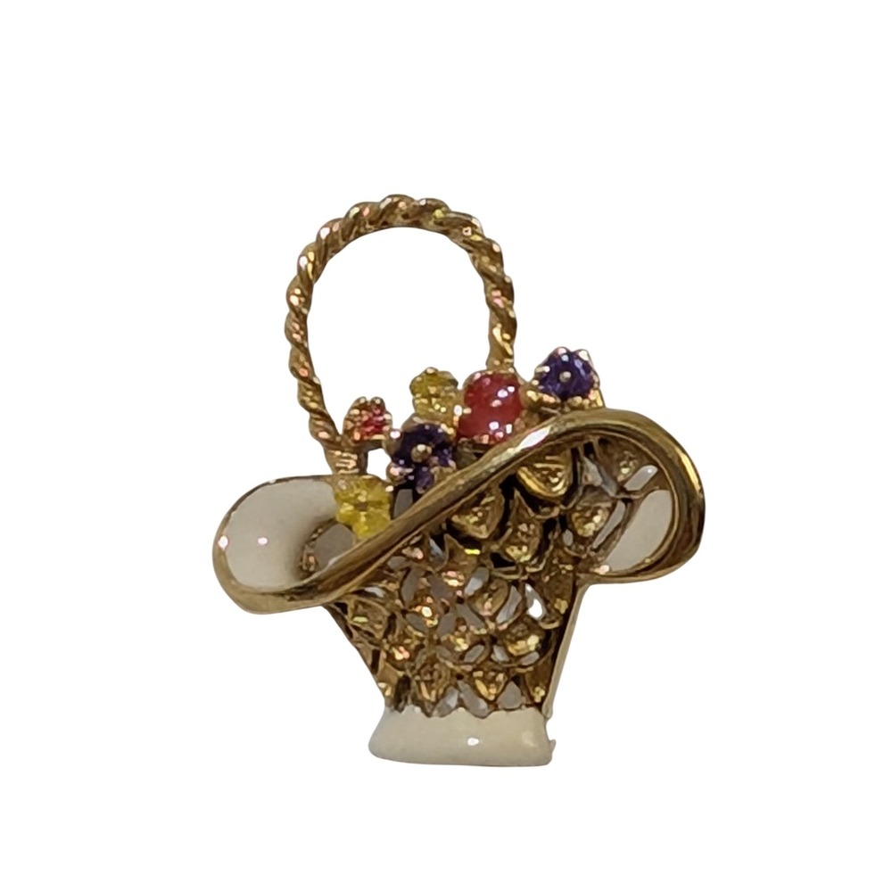 Vintage Gold Tone Flower Basket Enamel Pin Floral Brooch Lapel Pin Multi Color